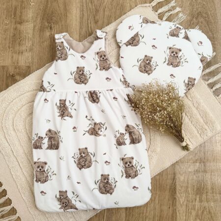 Śpiworek do spania kolekcja MISIOWA RODZINKA + VELVET beż + poduszka GRATIS