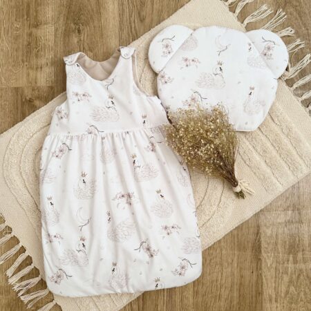 Śpiworek do spania kolekcja ŁABĘDZIE W CHMURACH + VELVET beż + poduszka GRATIS