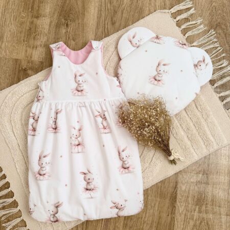 Śpiworek do spania kolekcja KRÓLICZEK NA KWIATKU + VELVET róż + poduszka GRATIS