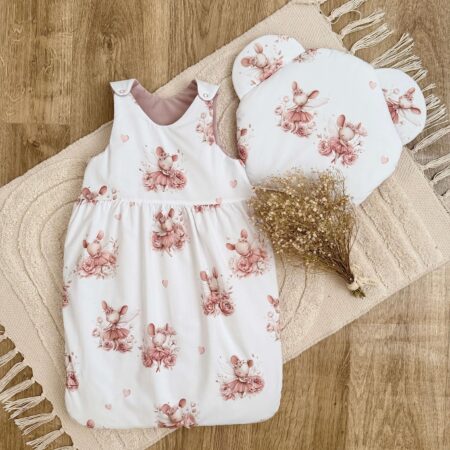 Śpiworek do spania kolekcja MYSZKA W KWIATACH + VELVET brudny róż + poduszka GRATIS