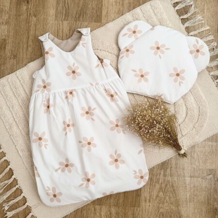 Śpiworek do spania kolekcja STOKROTKI BOHO + VELVET beż + poduszka GRATIS