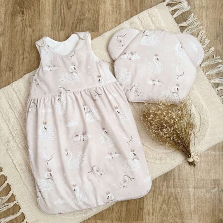 Śpiworek do spania kolekcja ŁABĘDZIE W CHMURACH + VELVET biały + poduszka GRATIS