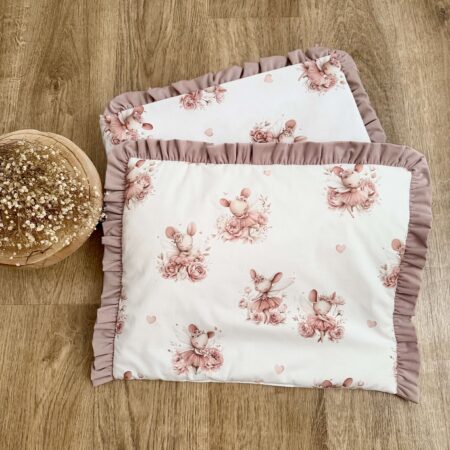 Kołderka + poduszka z wypełnieniem. Kolekcja MYSZKA W KWIATACH + VELVET brudny róż