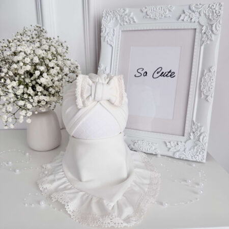 Komplet KOKARDA + koronka, TURBAN + CHUSTA śmietanka