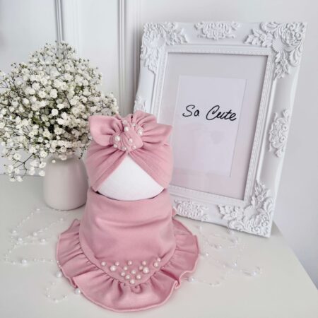 Komplet SUPEŁEK + koraliki, TURBAN + CHUSTA brudny róż