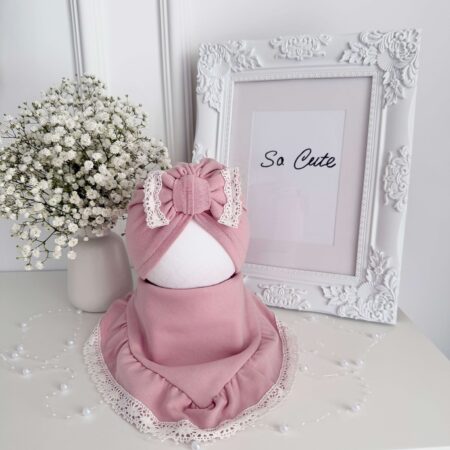 Komplet KOKARDA + koronka, TURBAN + CHUSTA brudny róż