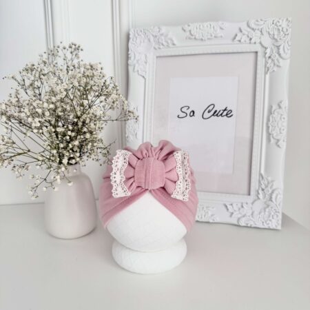 Turban KOKARDA + koronka brudny róż